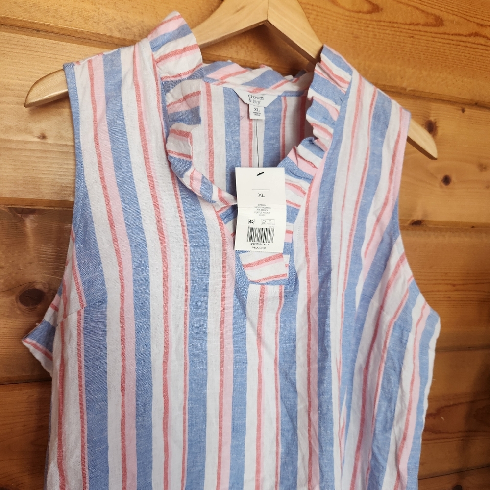 Crown & Ivy NWT Ruffle Neck Popover Striped Linen Blend Blouse Top Preppy Sz XL - Picture 2 of 9